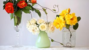 Preview wallpaper roses, flowers, bouquets, three, different, vase, wineglass