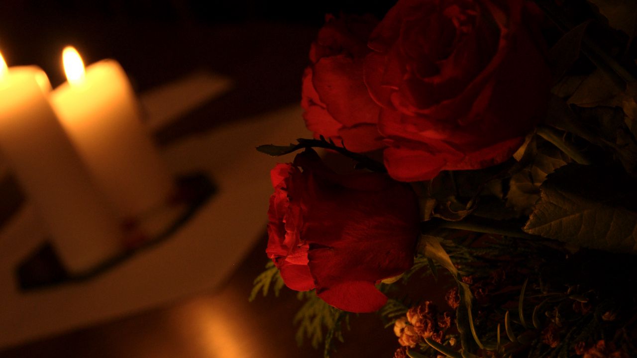 Wallpaper roses, flowers, candles, fire, aesthetics, dark