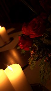 Preview wallpaper roses, flowers, candles, fire, aesthetics, dark