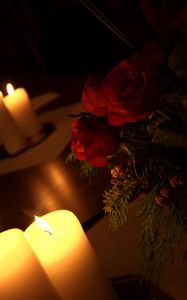 Preview wallpaper roses, flowers, candles, fire, aesthetics, dark