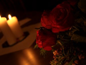 Preview wallpaper roses, flowers, candles, fire, aesthetics, dark