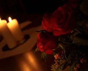 Preview wallpaper roses, flowers, candles, fire, aesthetics, dark