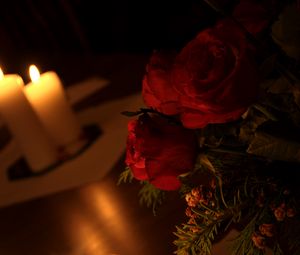 Preview wallpaper roses, flowers, candles, fire, aesthetics, dark