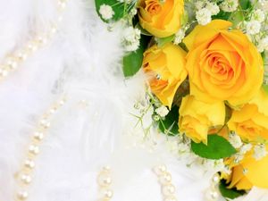 Preview wallpaper roses, flowers, flower, yellow, gypsophila, pearls, jewelry