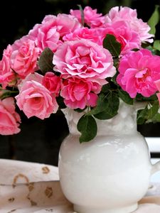 Preview wallpaper roses, flowers, flower, pitcher, table