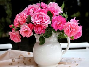 Preview wallpaper roses, flowers, flower, pitcher, table