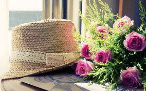 Preview wallpaper roses, flowers, flower, green, hat, picture