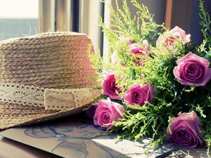 Preview wallpaper roses, flowers, flower, green, hat, picture