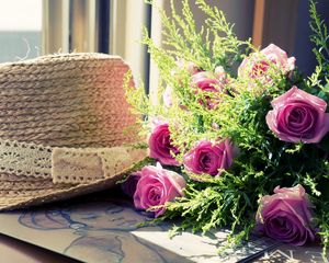 Preview wallpaper roses, flowers, flower, green, hat, picture