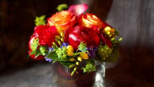 Preview wallpaper roses, flowers, freesia, bouquet, composition, glass