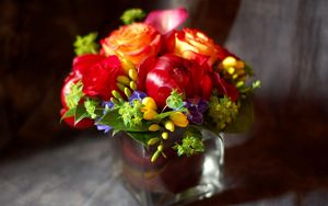 Preview wallpaper roses, flowers, freesia, bouquet, composition, glass