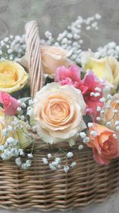 Preview wallpaper roses, flowers, gypsophila, basket