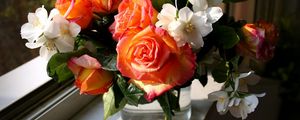 Preview wallpaper roses, flowers, jasmine, spring, flower, vase, window