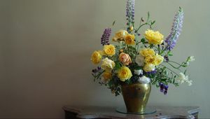 Preview wallpaper roses, flowers, lupine, flower, vase, green