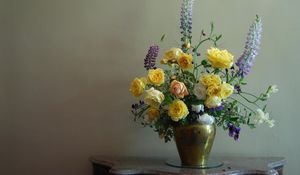 Preview wallpaper roses, flowers, lupine, flower, vase, green