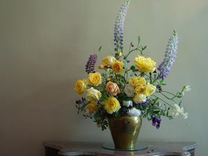 Preview wallpaper roses, flowers, lupine, flower, vase, green