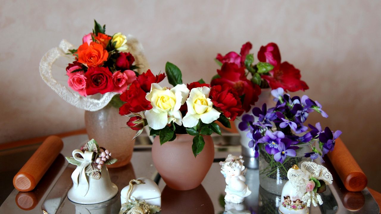 Wallpaper roses, flowers, pansies, bluebells, tray, heart, angel