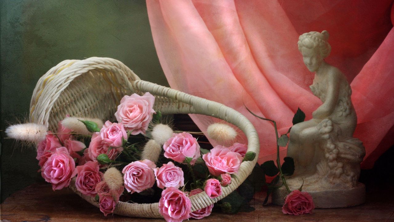 Wallpaper roses, flowers, pink, shopping, statue, cloth