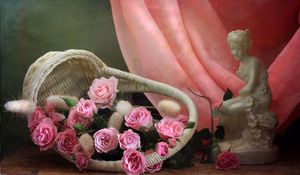 Preview wallpaper roses, flowers, pink, shopping, statue, cloth