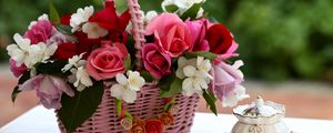 Preview wallpaper roses, flowers, shopping, composition, drawing, table, tableware