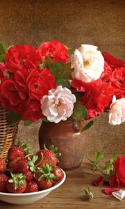 Preview wallpaper roses, flowers, strawberries, basket, still life