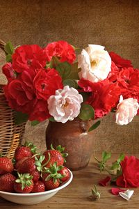 Preview wallpaper roses, flowers, strawberries, basket, still life