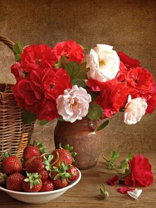 Preview wallpaper roses, flowers, strawberries, basket, still life