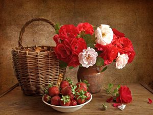 Preview wallpaper roses, flowers, strawberries, basket, still life