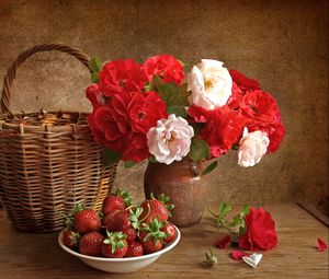 Preview wallpaper roses, flowers, strawberries, basket, still life
