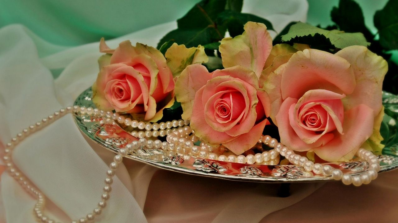 Wallpaper roses, flowers, three, tray, beads, pearls