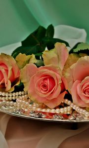 Preview wallpaper roses, flowers, three, tray, beads, pearls