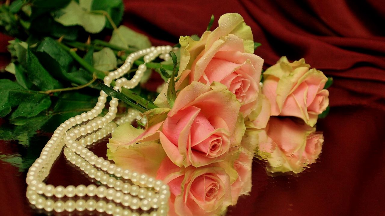 Wallpaper roses, flowers, three, reflection, beads, pearls