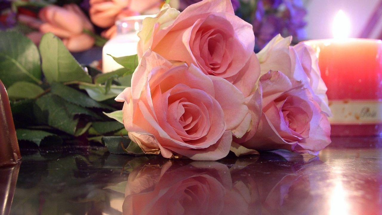 Wallpaper roses, flowers, three, bouquet, reflection, candle, romance
