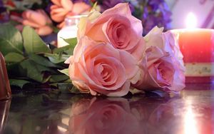 Preview wallpaper roses, flowers, three, bouquet, reflection, candle, romance