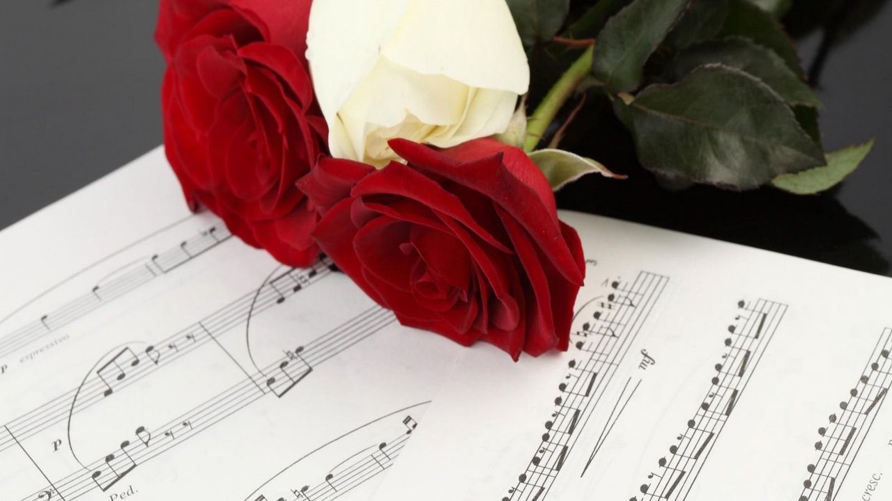 Wallpaper roses, flowers, three, notes, music