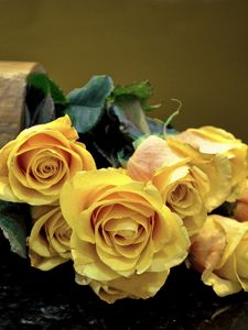 Preview wallpaper roses, flowers, vase, surface, leaves, yellow