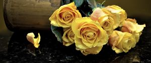 Preview wallpaper roses, flowers, vase, surface, leaves, yellow