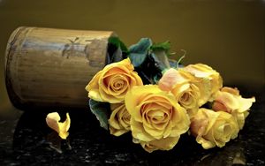 Preview wallpaper roses, flowers, vase, surface, leaves, yellow
