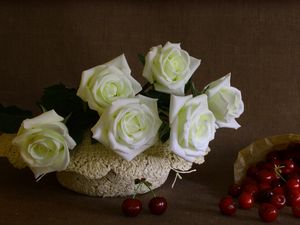 Preview wallpaper roses, flowers, white, cherry, berry, package