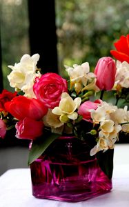 Preview wallpaper roses, freesia, flowers, daffodils, tulips, bouquets, vases