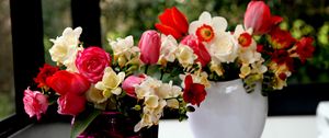 Preview wallpaper roses, freesia, flowers, daffodils, tulips, bouquets, vases