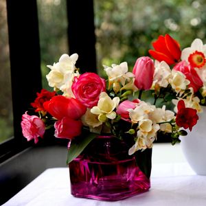 Preview wallpaper roses, freesia, flowers, daffodils, tulips, bouquets, vases