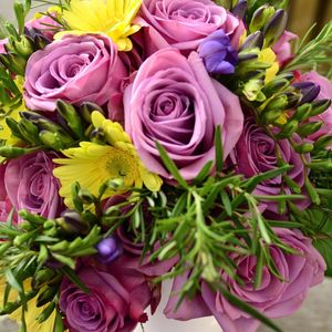 Preview wallpaper roses, freesia, flowers, bouquet, decoration, close-up