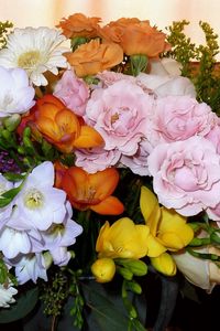 Preview wallpaper roses, freesia, gerbera, flowers, bouquet, decoration