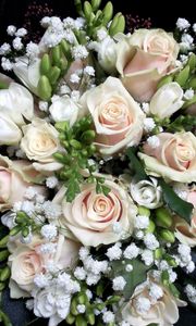 Preview wallpaper roses, freesia, gypsophila, bouquet, decoration