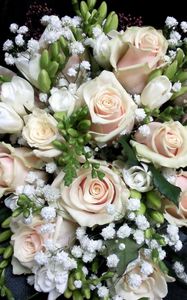 Preview wallpaper roses, freesia, gypsophila, bouquet, decoration