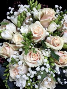 Preview wallpaper roses, freesia, gypsophila, bouquet, decoration