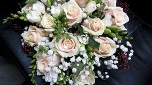 Preview wallpaper roses, freesia, gypsophila, bouquet, decoration