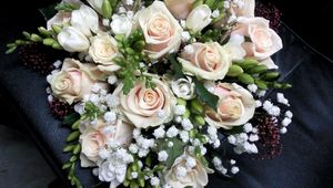 Preview wallpaper roses, freesia, gypsophila, bouquet, decoration