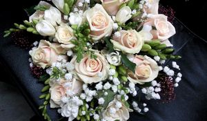 Preview wallpaper roses, freesia, gypsophila, bouquet, decoration